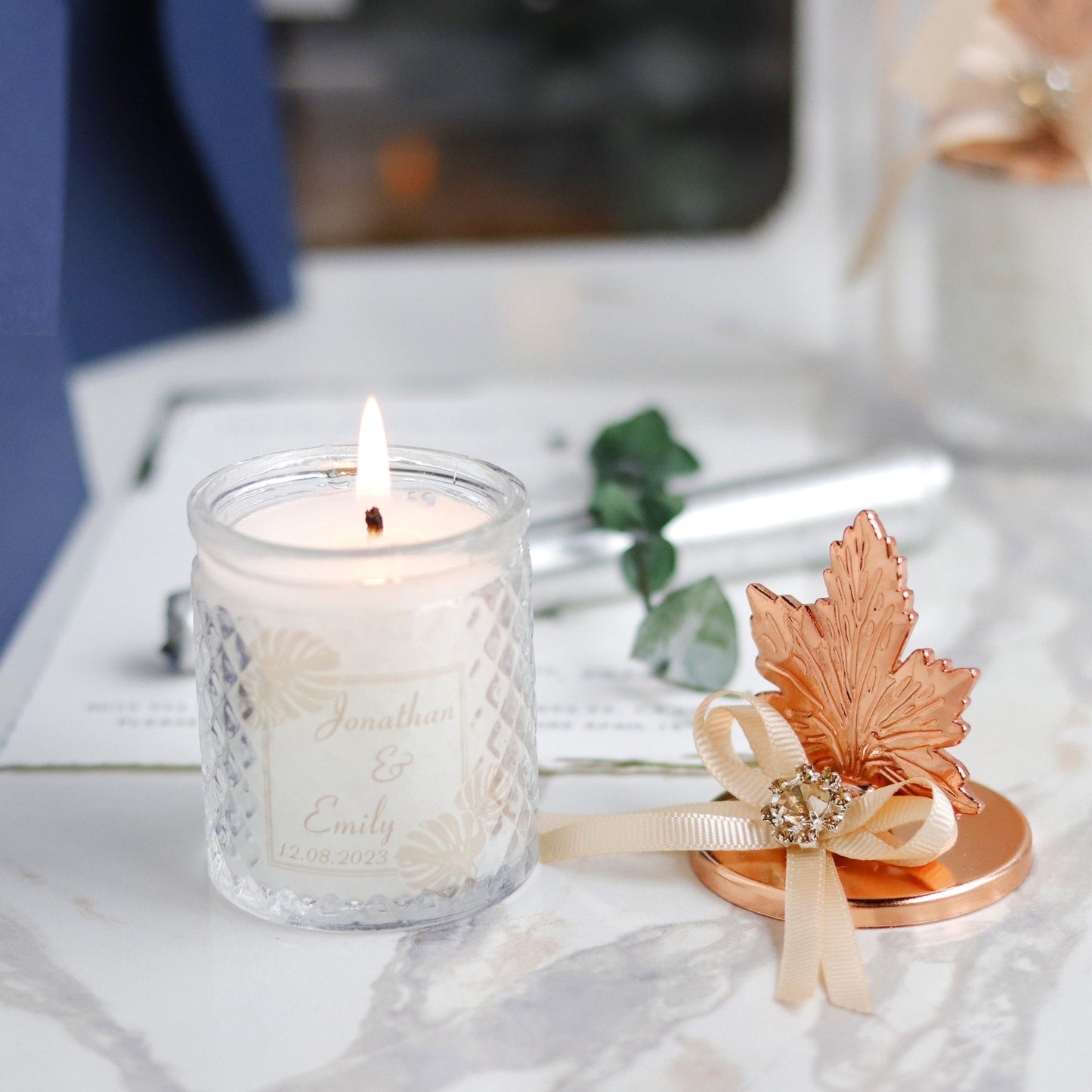 Rose Gold Candle Favors with Sycamore Leaf Lid - Elegant Wedding, Party & Baby Shower Gifts for Guests