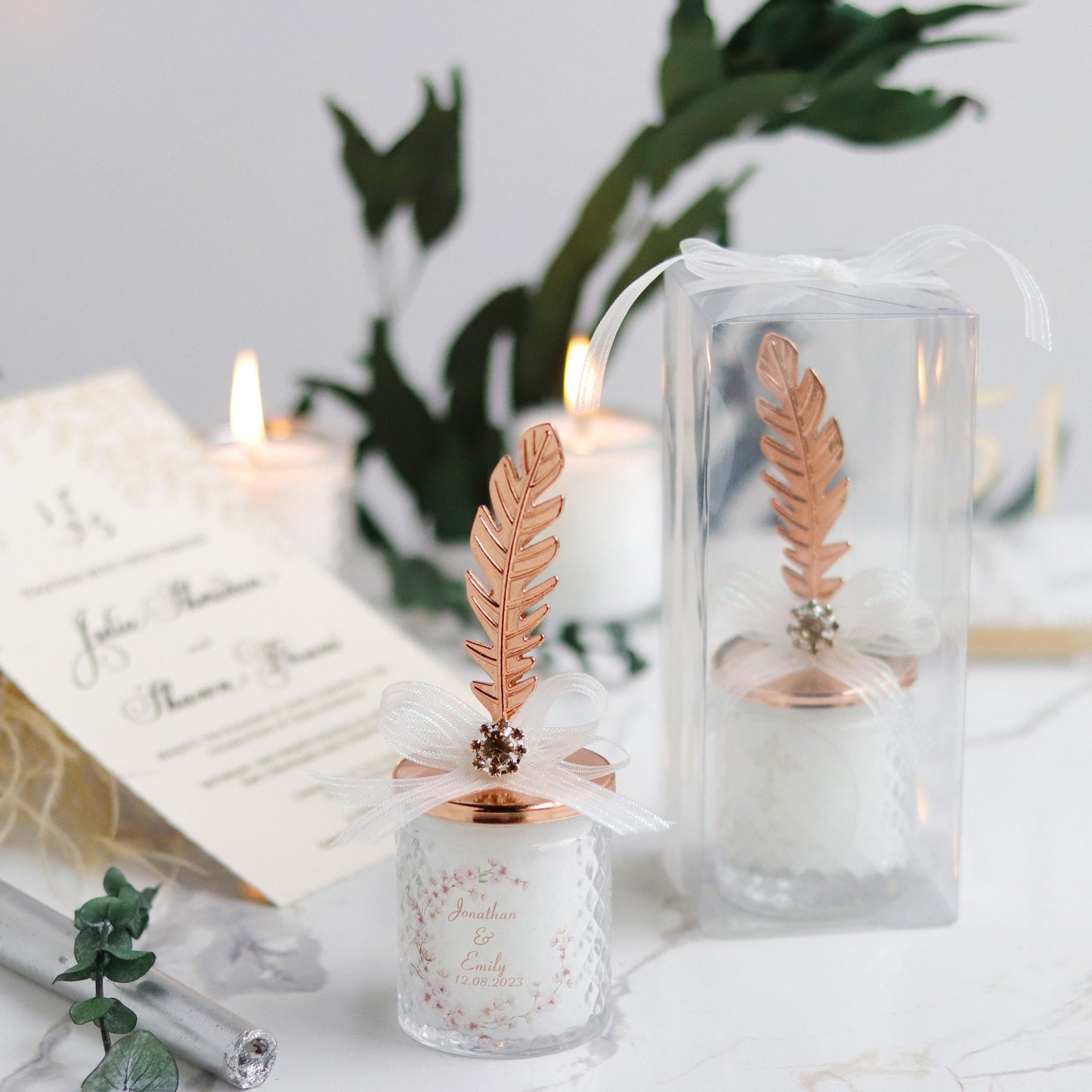 Wedding Candle Favor with Rose Gold Feather Lid, Elegant Candle Favor, Luxury Favors, Unique Rustic Gifts for Guests