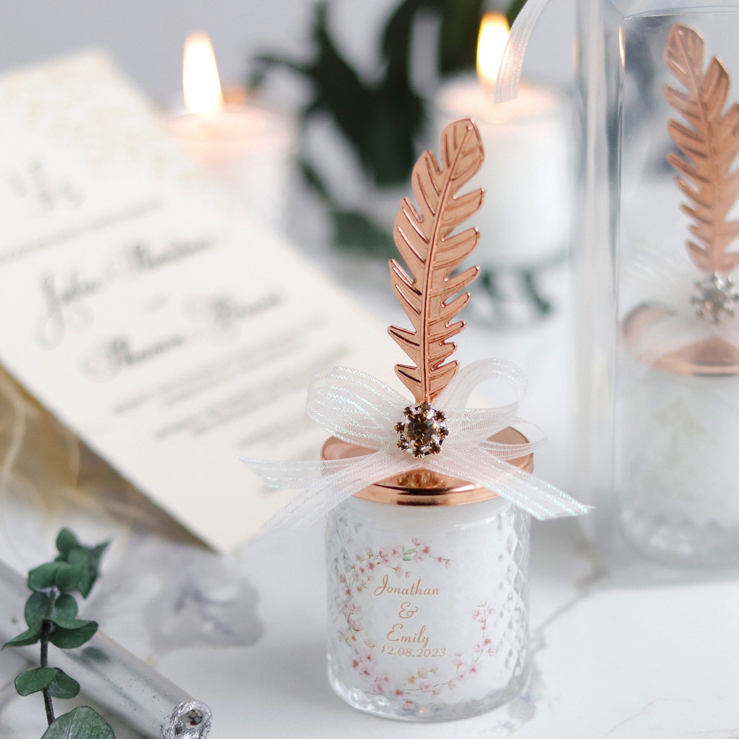Wedding Candle Favor with Rose Gold Feather Lid, Elegant Candle Favor, Luxury Favors, Unique Rustic Gifts for Guests