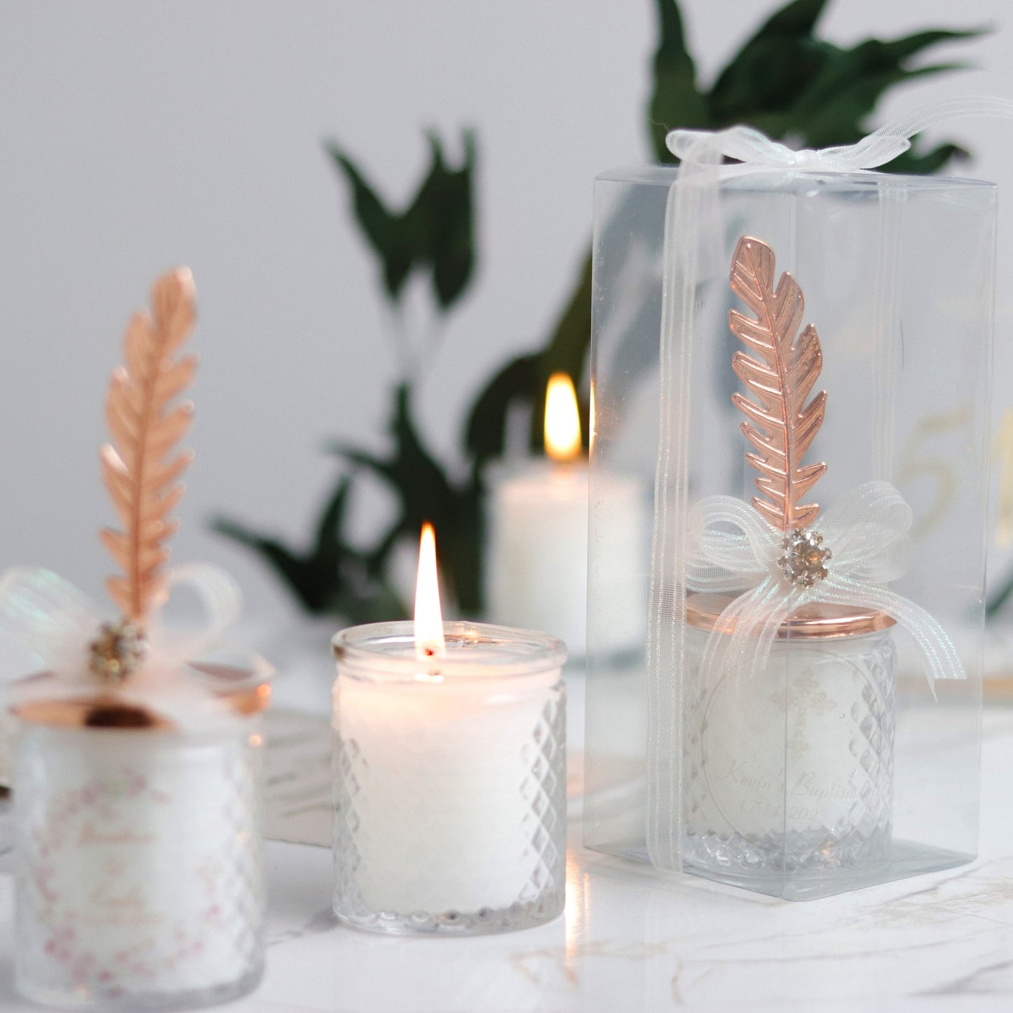 Wedding Candle Favor with Rose Gold Feather Lid, Elegant Candle Favor, Luxury Favors, Unique Rustic Gifts for Guests