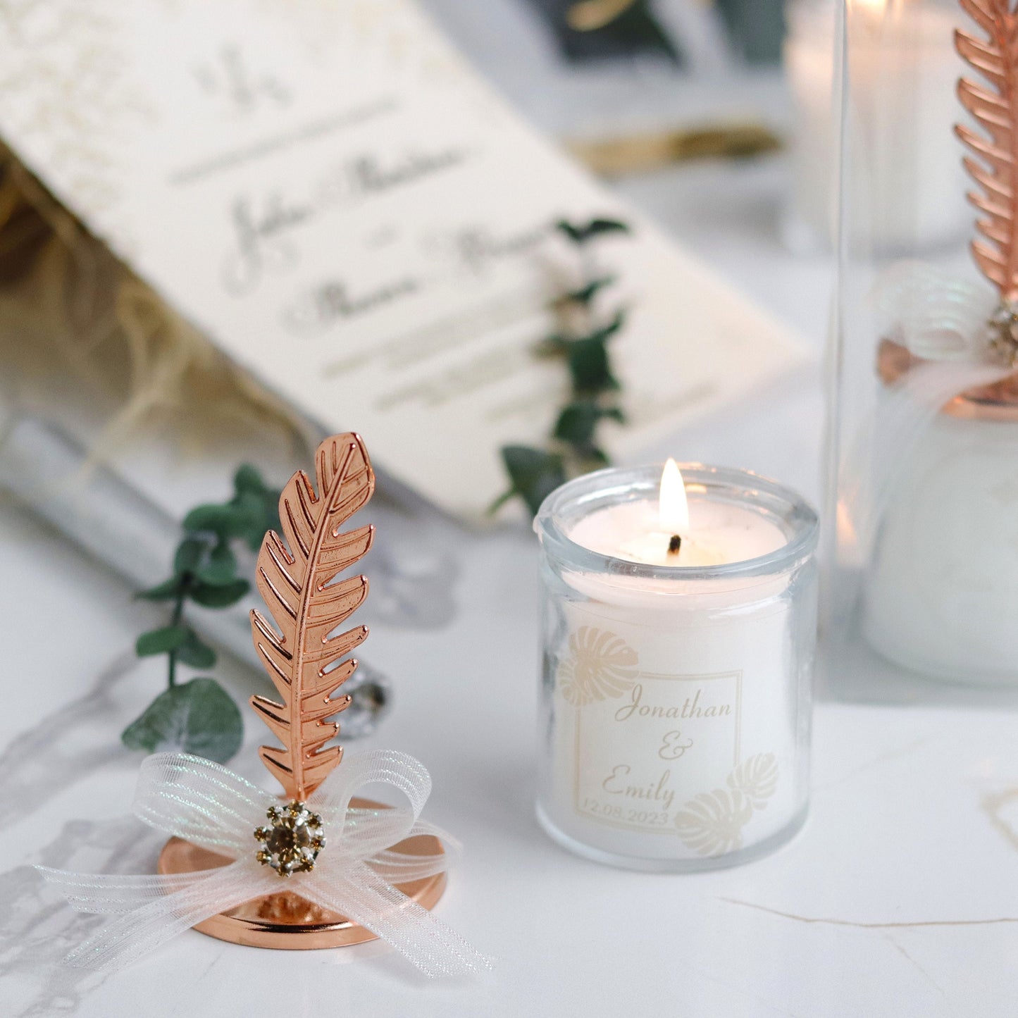 Wedding Candle Favor with Rose Gold Feather Lid, Elegant Candle Favor, Luxury Favors, Unique Rustic Gifts for Guests