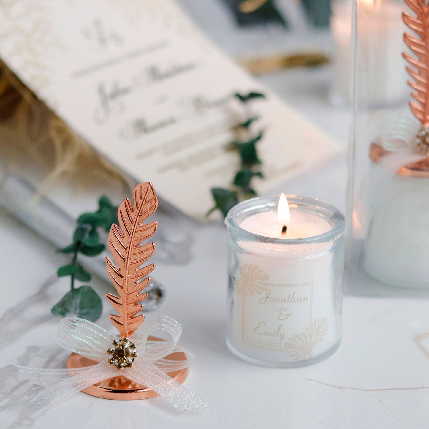 Rose Gold Feather Lid Wedding Candle, Elegant Rustic Favors, Luxury Guest Gifts, Unique Bridal Shower Candle Favor