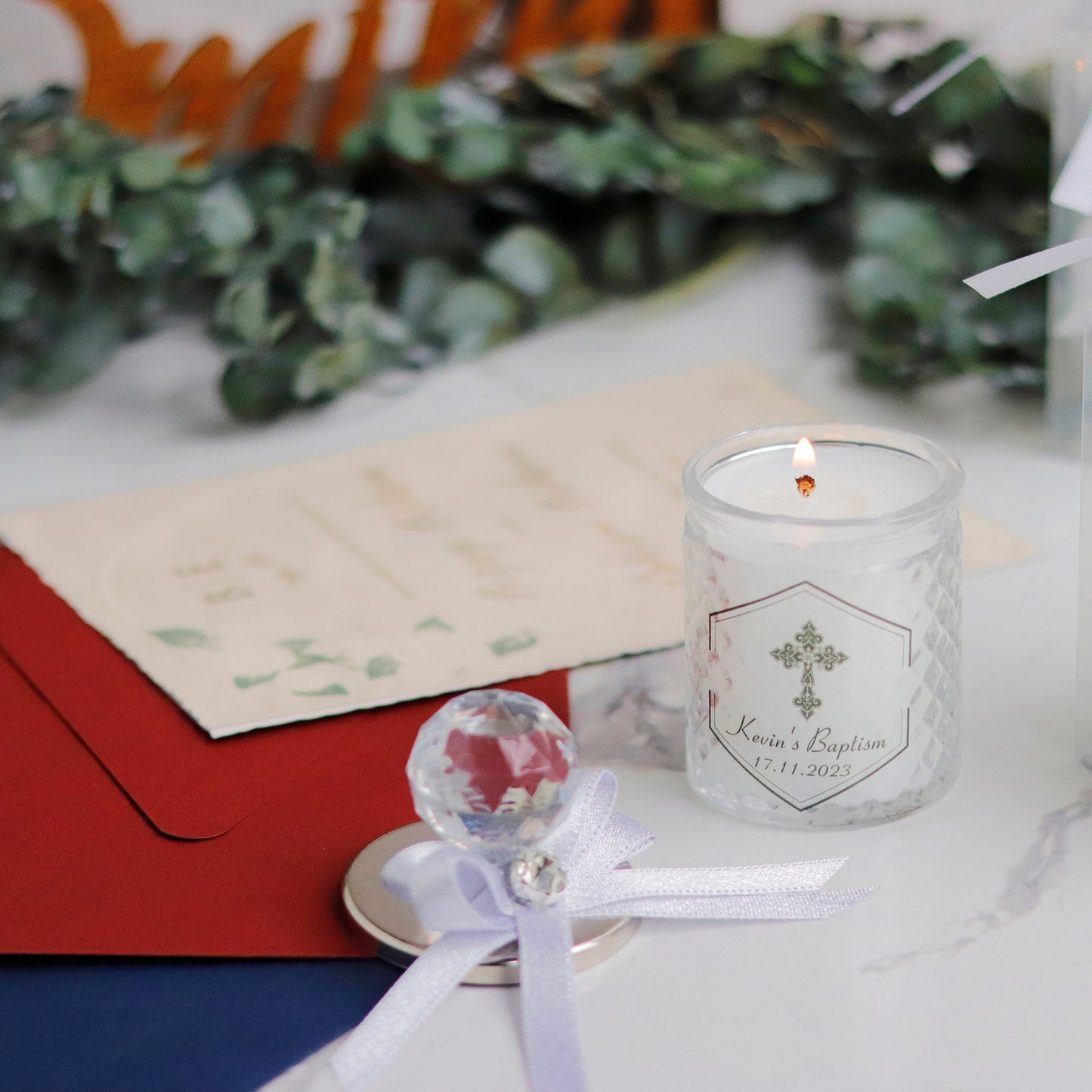 Silver Cross Glass Candle with Sparkling Ribbon - Personalized Baptism & Communion Favor - Elegant Thank You Gift for Guests