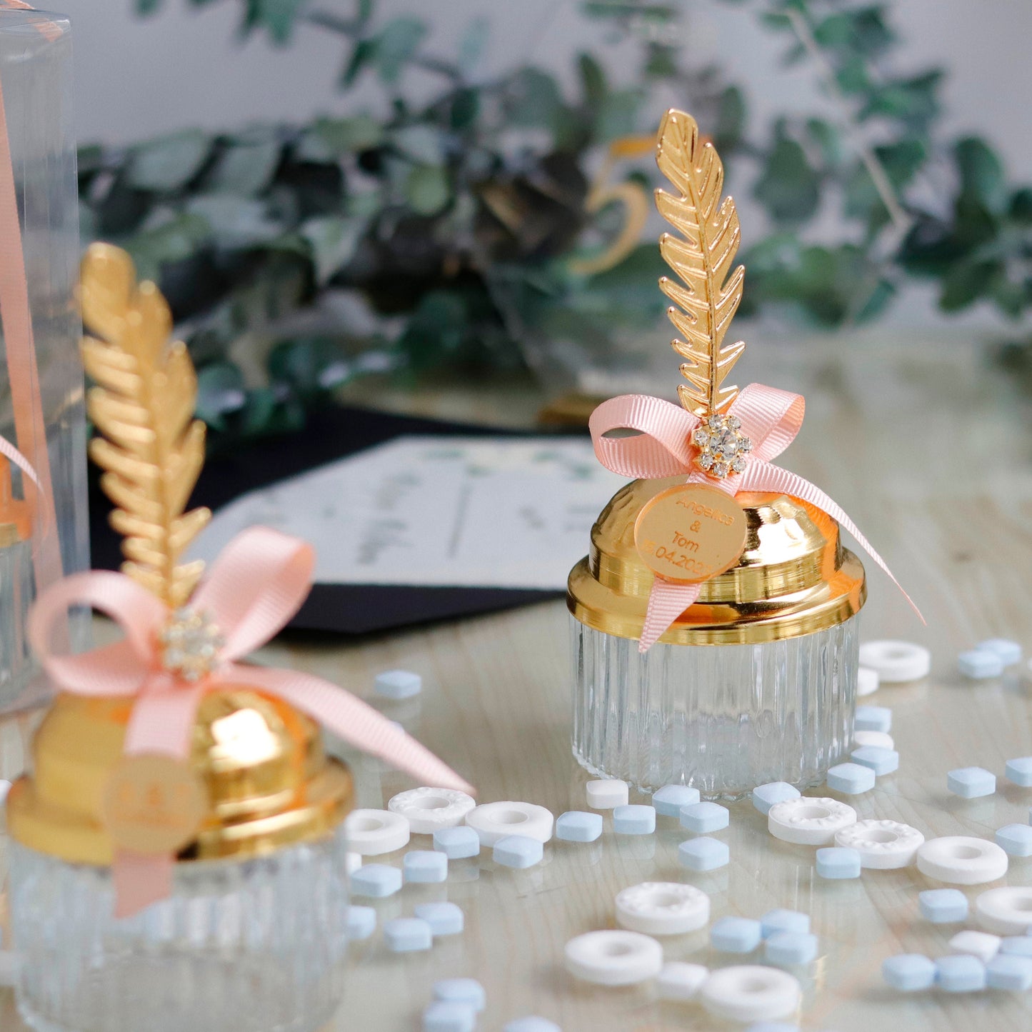 Wedding Favor | Party Favor | Glass Candy Jar With Metal Feather Lid | Unique Thank You Gift | Luxury Candy Dish Keepsake for Guests