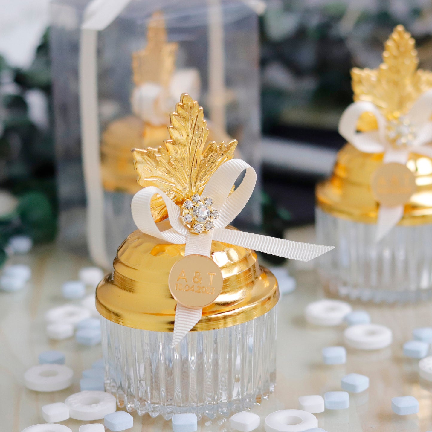 Wedding Favors Glass Jars | Mint to be Favors | Personalized Candy Dish With Metal Leaf Lid | Best Holiday Gifts | Useful Wedding Favors