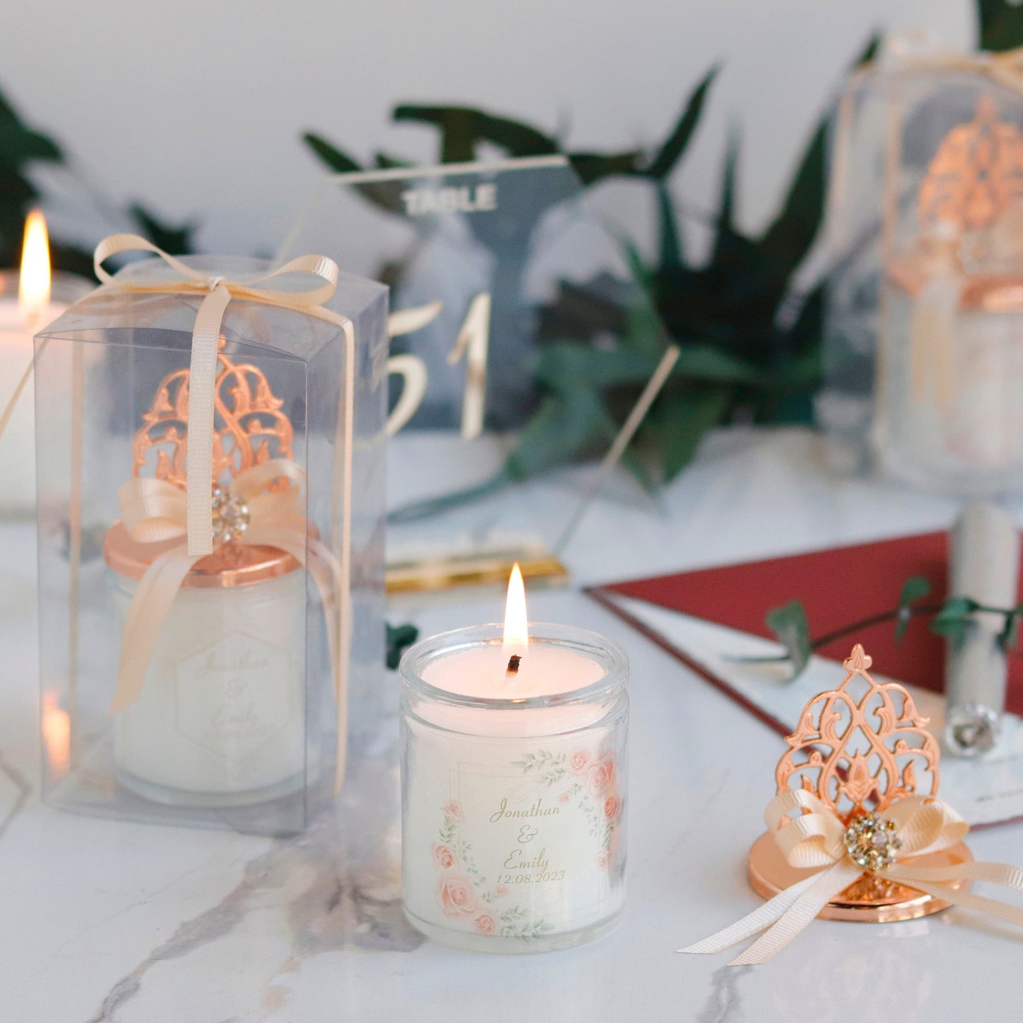 Unique Candle Favors, Rose Gold Lid Glass Candle Favor, Luxury Thank You Gift for Guests, Bulk Favors for Baby Showers, Parties, Weddings