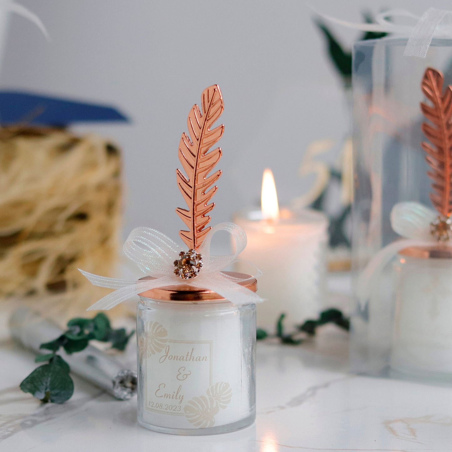 Rose Gold Feather Lid Wedding Candle, Elegant Rustic Favors, Luxury Guest Gifts, Unique Bridal Shower Candle Favor
