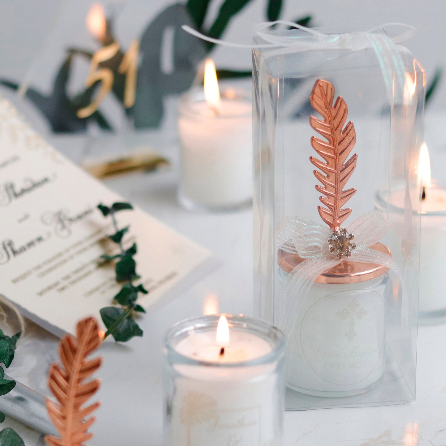 Rose Gold Feather Lid Wedding Candle, Elegant Rustic Favors, Luxury Guest Gifts, Unique Bridal Shower Candle Favor