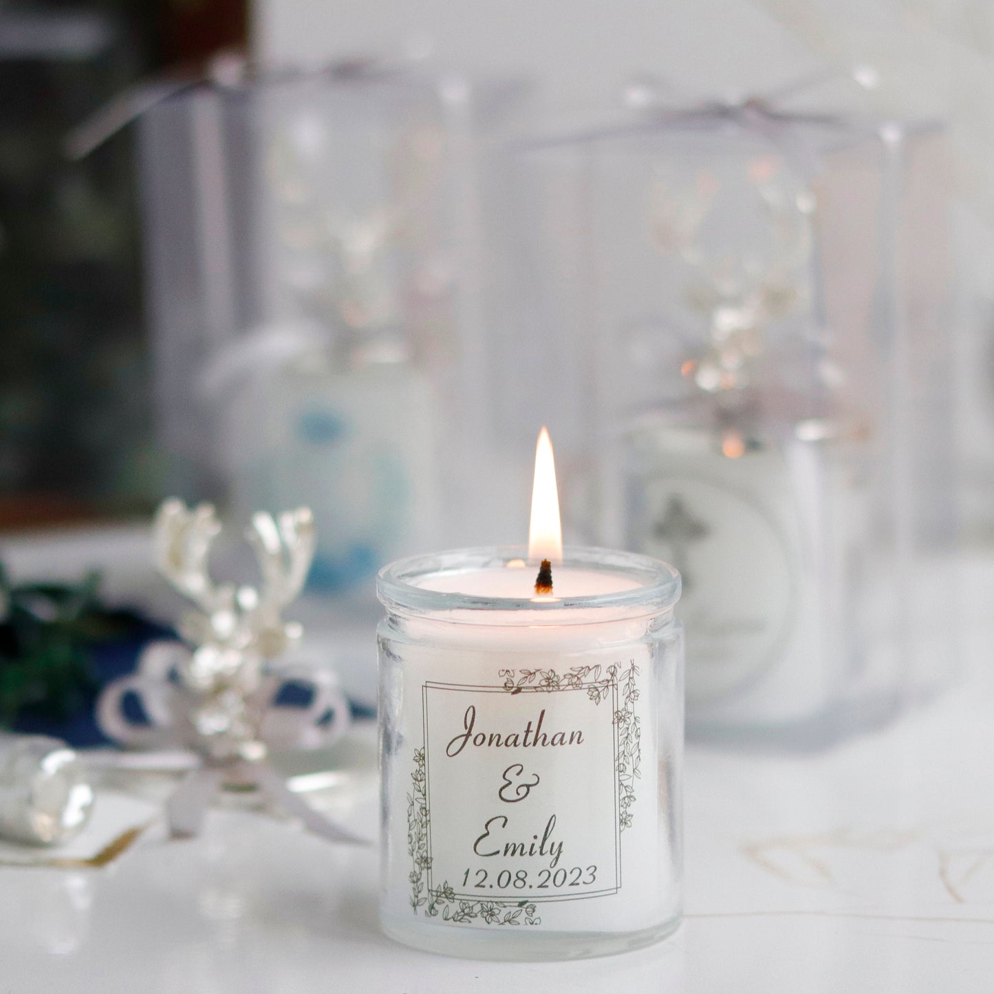 Deer Lid Candle in Glass | Luxurious Personalized Party Favors | Elegant Silver Lid Gifts for Guests | Unique Favor Candles