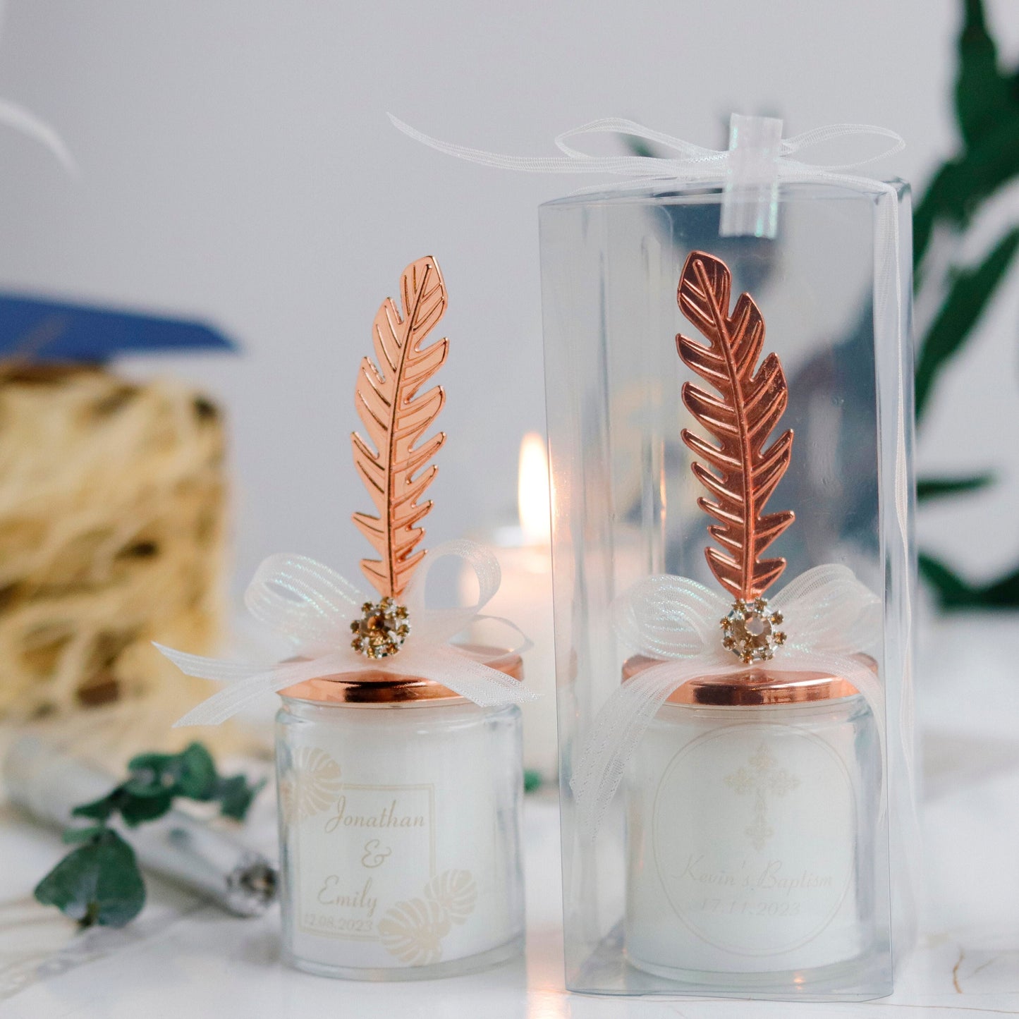 Rose Gold Feather Lid Wedding Candle, Elegant Rustic Favors, Luxury Guest Gifts, Unique Bridal Shower Candle Favor