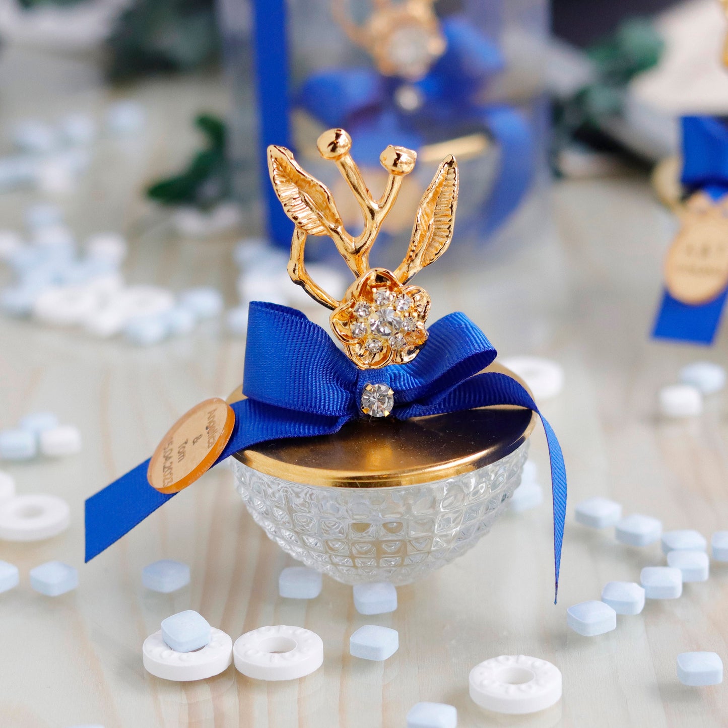 Custom Party Favor Glass Jar | Cherry Blossom Branch Candy Dish | Wedding Favors | Navy Blue Shower Favors | Unique Gold Thank-You Gifts