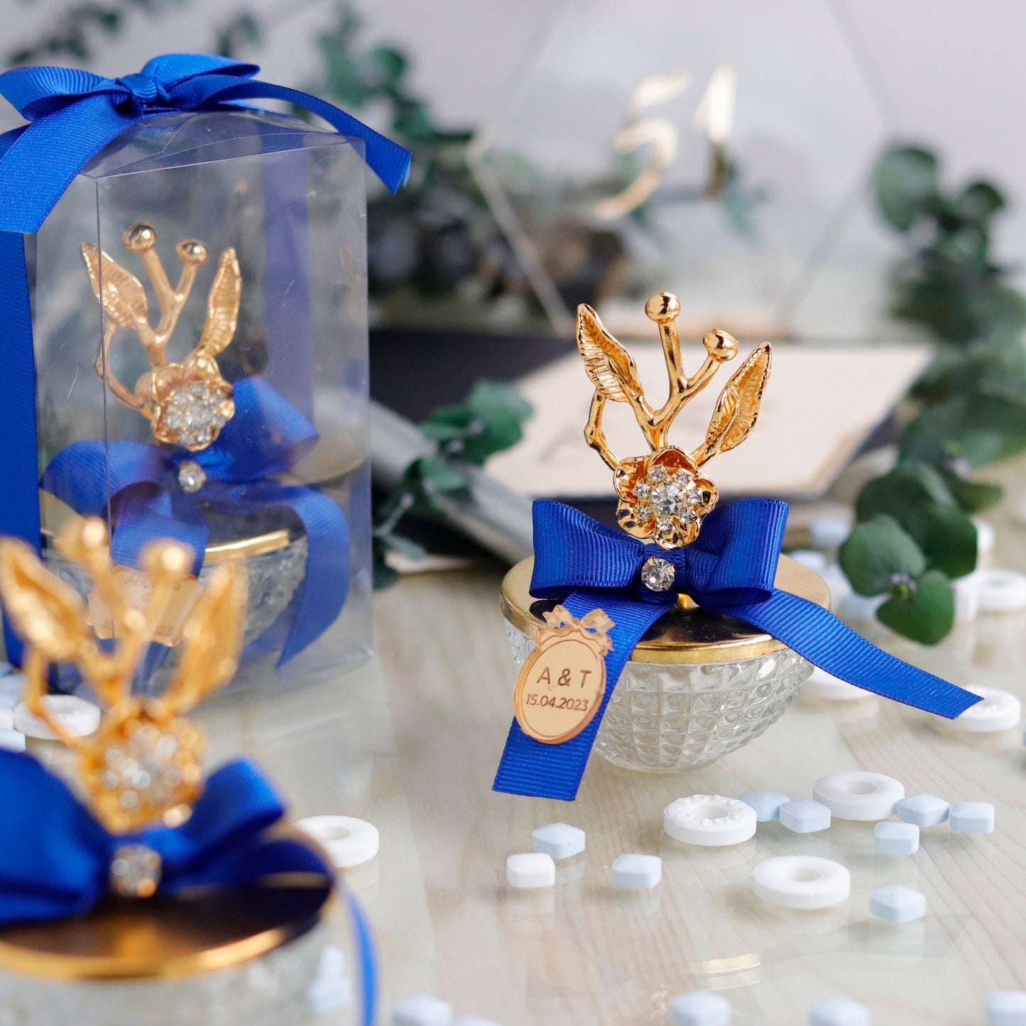 Custom Party Favor Glass Jar | Cherry Blossom Branch Candy Dish | Wedding Favors | Navy Blue Shower Favors | Unique Gold Thank-You Gifts
