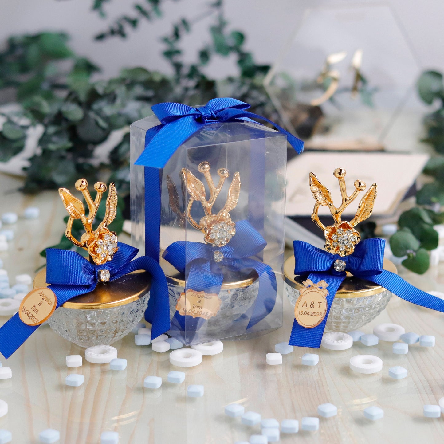 Custom Party Favor Glass Jar | Cherry Blossom Branch Candy Dish | Wedding Favors | Navy Blue Shower Favors | Unique Gold Thank-You Gifts