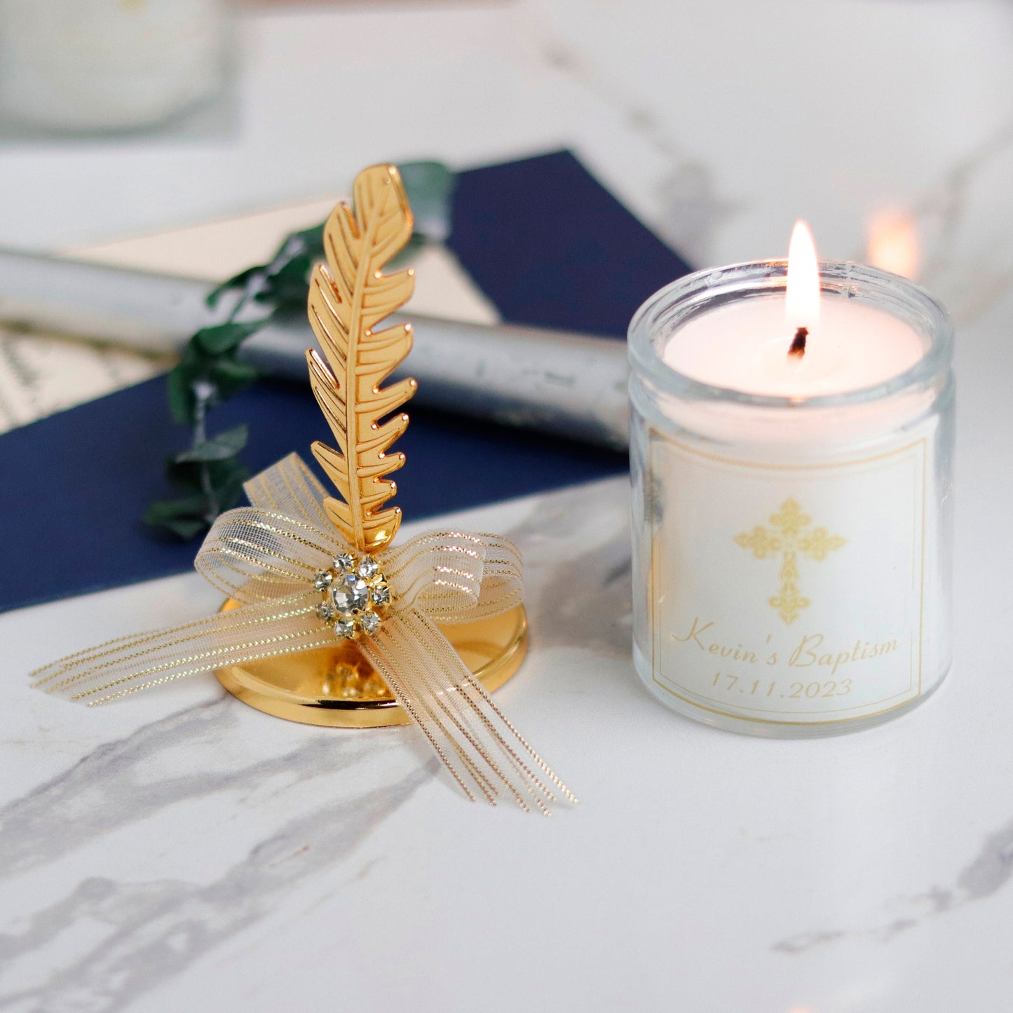Personalized Candle Favor | Elegant Wedding Keepsake | Luxury Gold Feather Lid Candle with Ribbon & Gemstone | Custom Wedding Gift