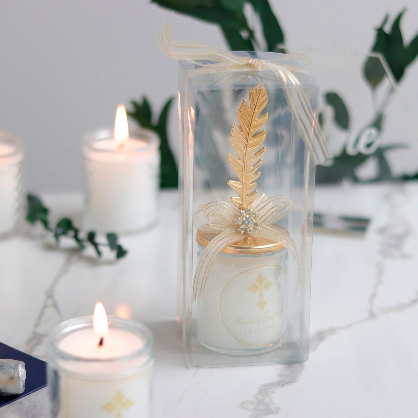 Personalized Candle Favor | Elegant Wedding Keepsake | Luxury Gold Feather Lid Candle with Ribbon & Gemstone | Custom Wedding Gift