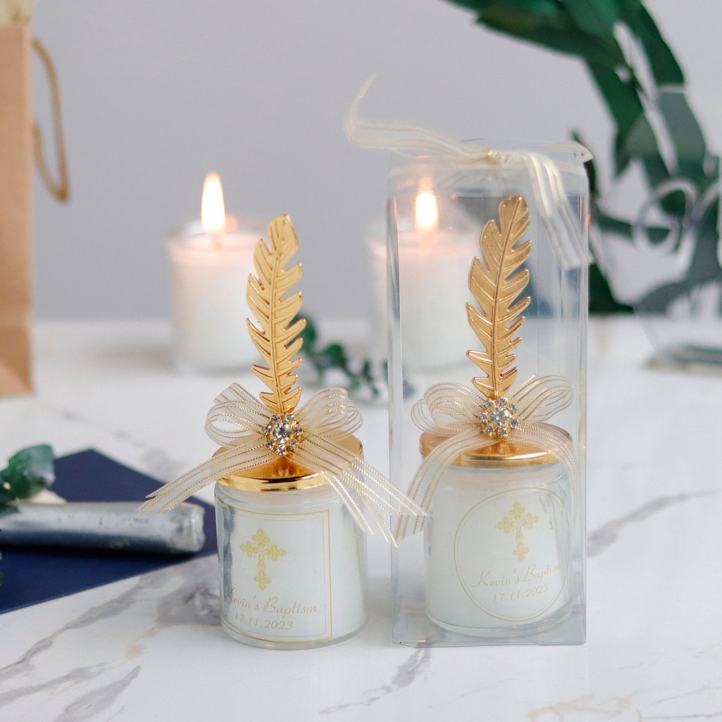 Personalized Candle Favor | Elegant Wedding Keepsake | Luxury Gold Feather Lid Candle with Ribbon & Gemstone | Custom Wedding Gift