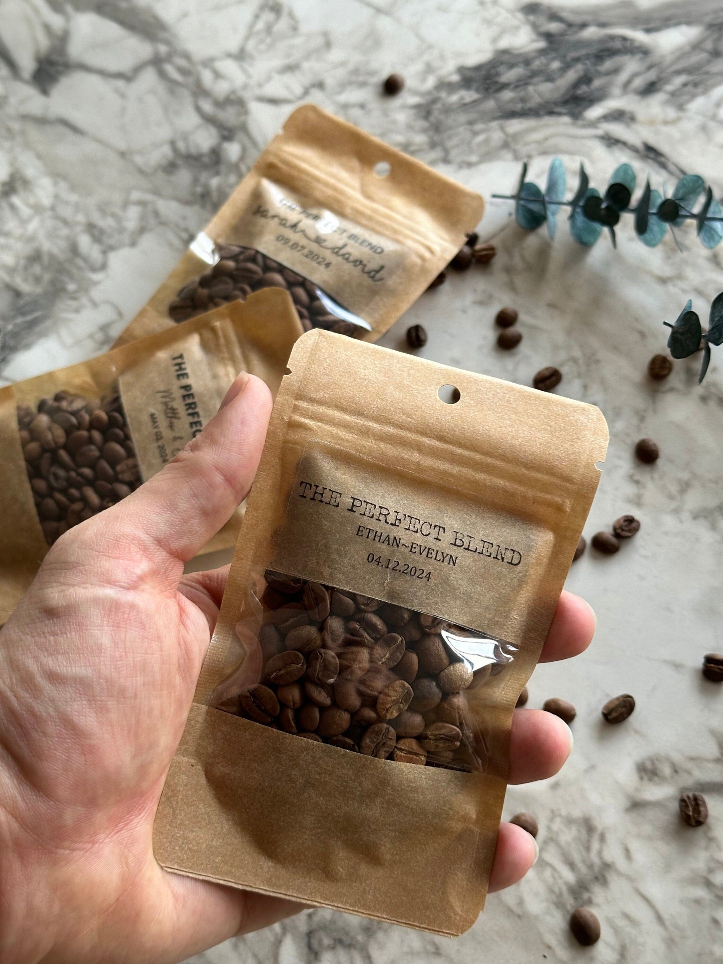 50 Pieces The Perfect Blend Coffee Pouch Bag, Coffee Favor Pouch, Wedding Favors, Bridal Shower Favors, Kraft Zip Locked Custom Sticker Bag