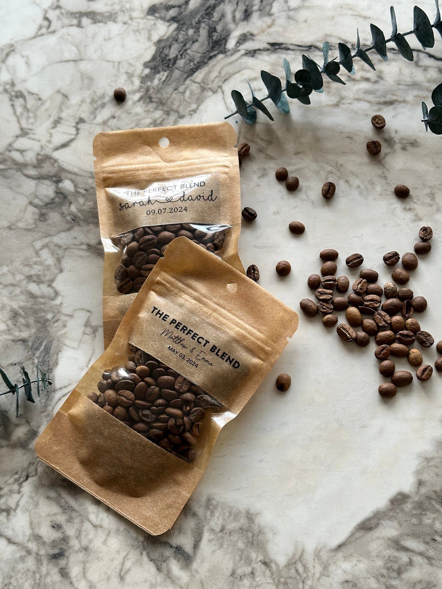 100 Pcs Wedding Favor Coffee Bag, The Perfect Blend, Coffee Favors, Rehearsal Dinner Favors, Zip Locked Custom Sticker Kraft Bag