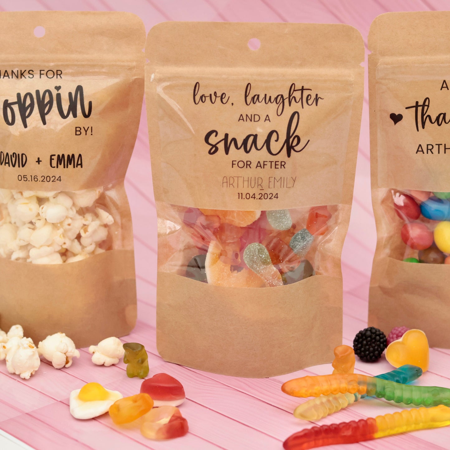 50 Pieces "Thanks For Popping By" Favor Bags with Stickers, Custom Wedding Popcorn Bags, Snack Treat Bags, Stand-Up Zip Pouch Favors