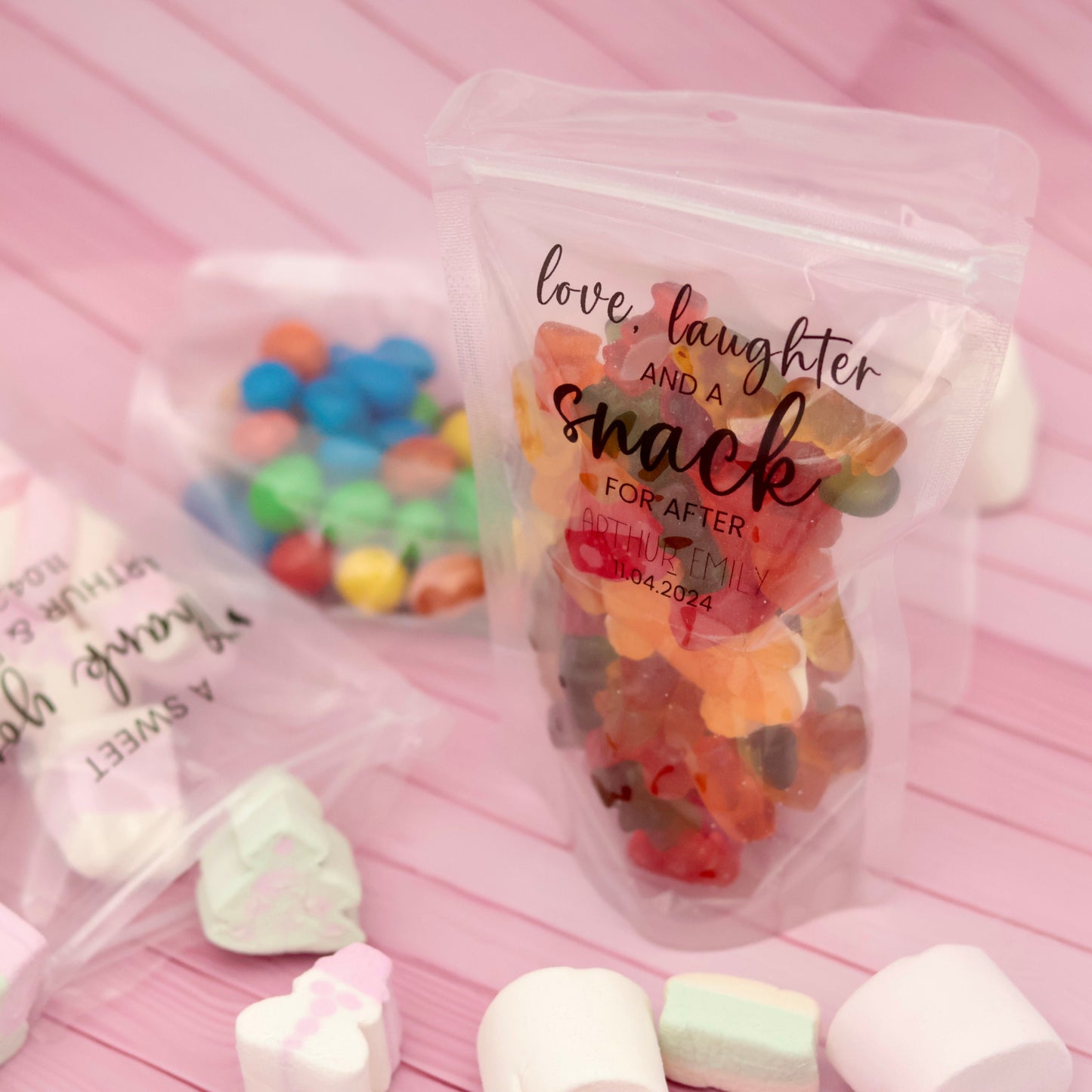 A Sweet Thank You Wedding Treat Bags, Chocolate Favor Bags, Marshmallow Wedding Favors, Jelly Tots Wedding Bags, Stand Up Zip Pouches