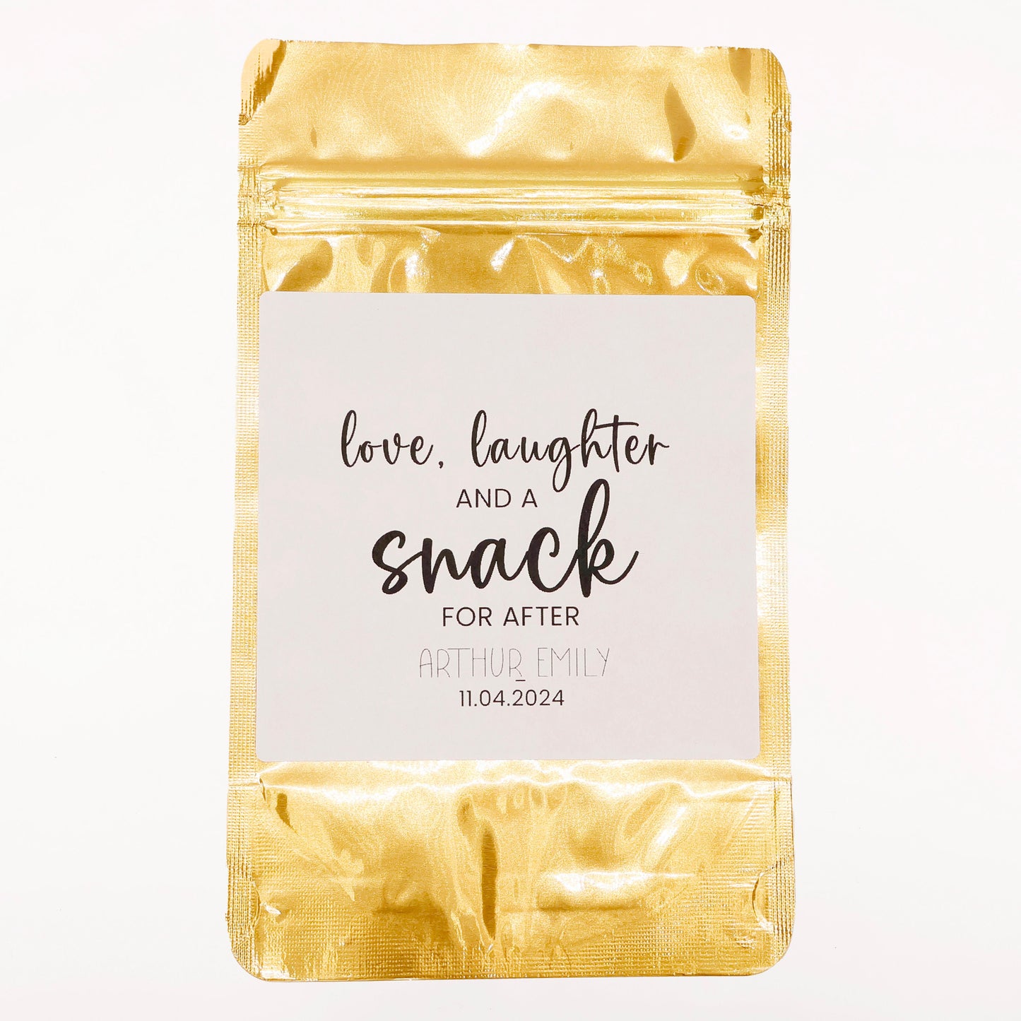 Wedding Treat Bags, Wedding Favor Bags, Rehearsal Dinner Favors, Bridal Shower Favors ,Love Laughter and a Snack for After, Stand Up Bag