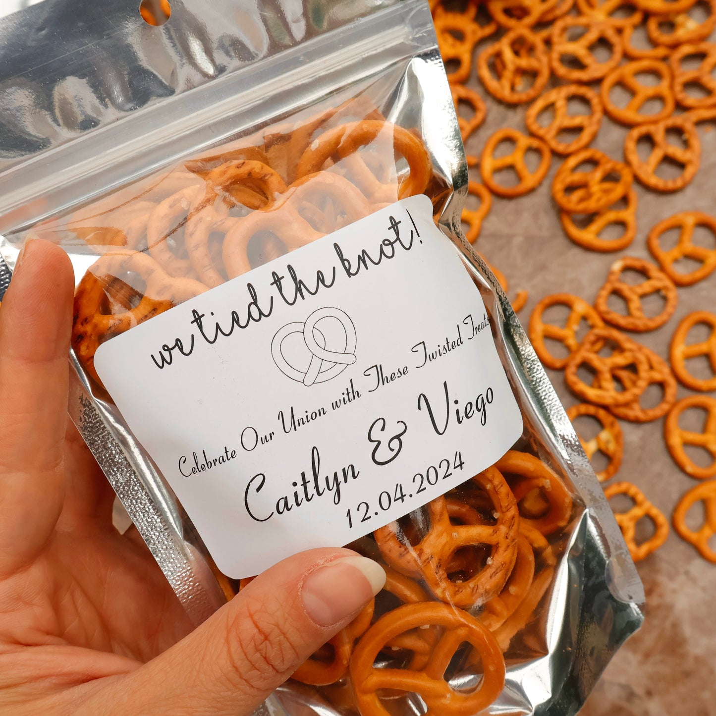 50 Pieces Rehearsal Dinner Pretzel Favor Bags, Wedding Favor Bags, We Tied the Knot, Wedding Treat Bags, Gold Silver Zip Pouches Favors