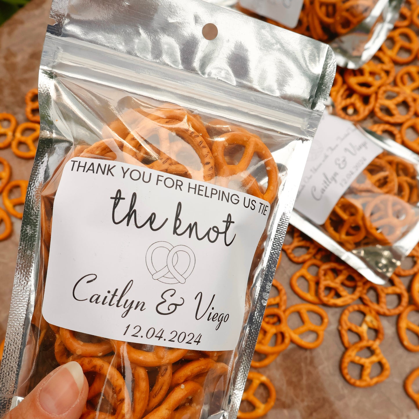 50 Pieces Pretzel Favor Bags, We Tied the Knot Wedding Favor Bags, Wedding Treat Bags, Standing Zip Pouches, Rehearsal Dinner Favors