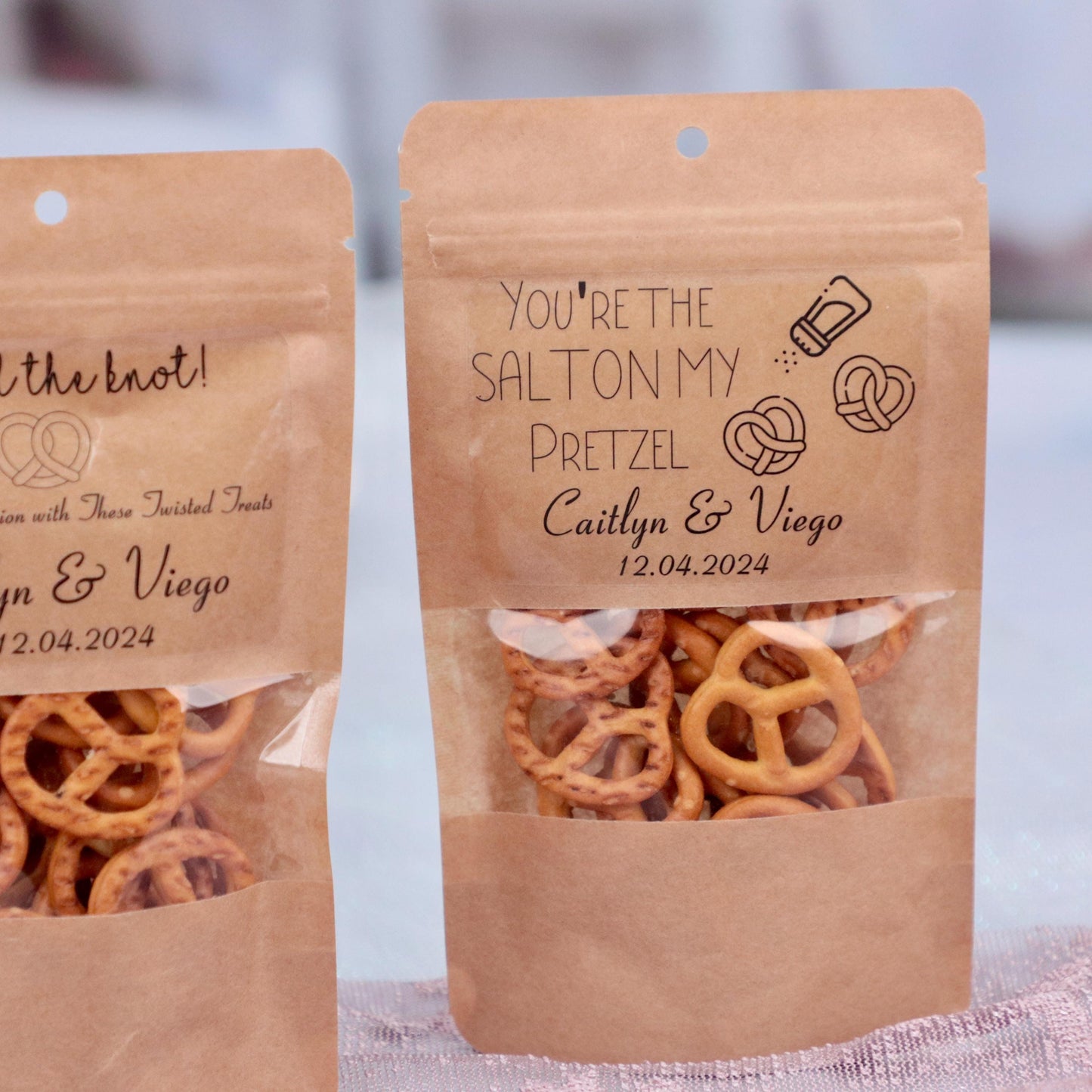 50 Pieces Wedding Favor Bags, Rehearsal Dinner Favors, We Tied the Knot Pretzel Bags, Wedding Treat Bags, Standing Snack Pouches