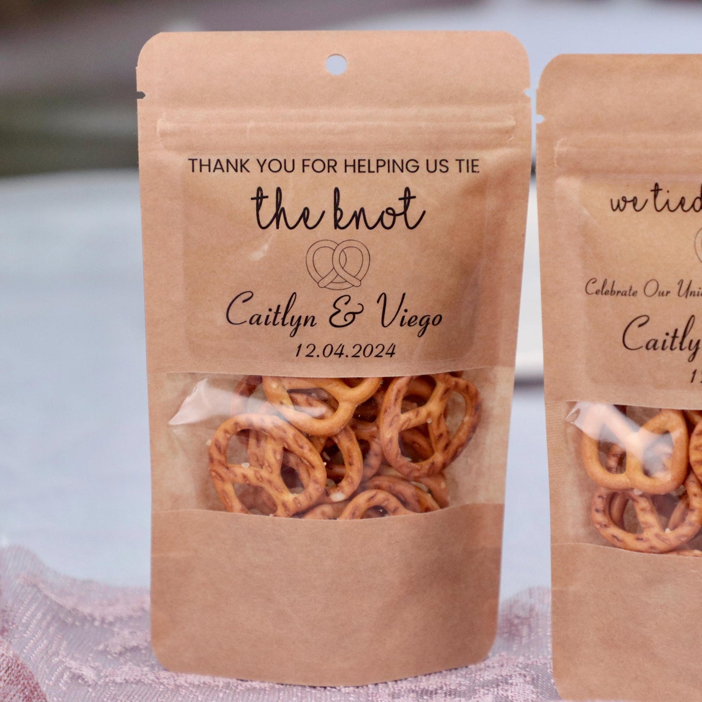 50 Pieces Wedding Favor Bags, Rehearsal Dinner Favors, We Tied the Knot Pretzel Bags, Wedding Treat Bags, Standing Snack Pouches