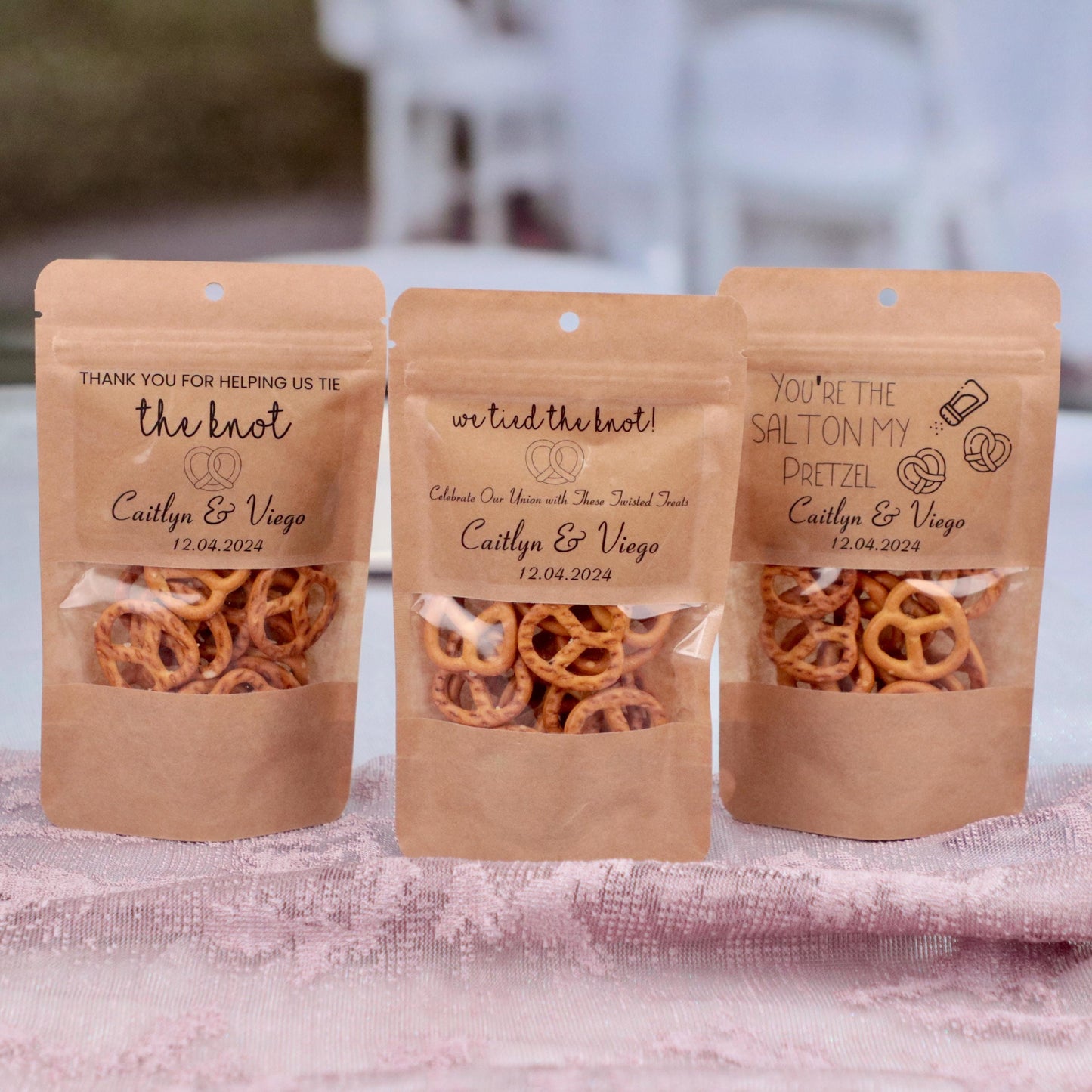 50 Pieces Wedding Favor Bags, Rehearsal Dinner Favors, We Tied the Knot Pretzel Bags, Wedding Treat Bags, Standing Snack Pouches