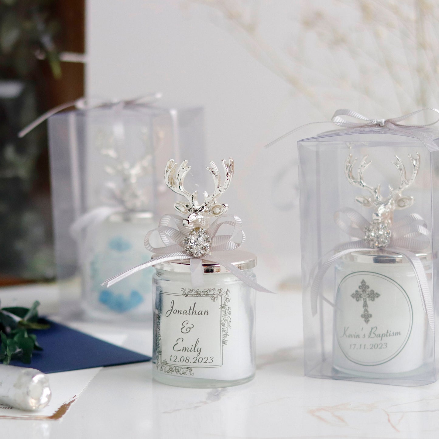 Deer Lid Candle in Glass | Luxurious Personalized Party Favors | Elegant Silver Lid Gifts for Guests | Unique Favor Candles