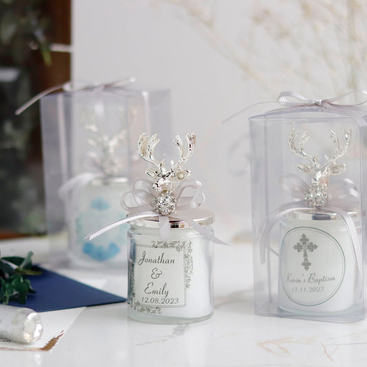 Deer Lid Candle in Glass | Luxurious Personalized Party Favors | Elegant Silver Lid Gifts for Guests | Unique Favor Candles