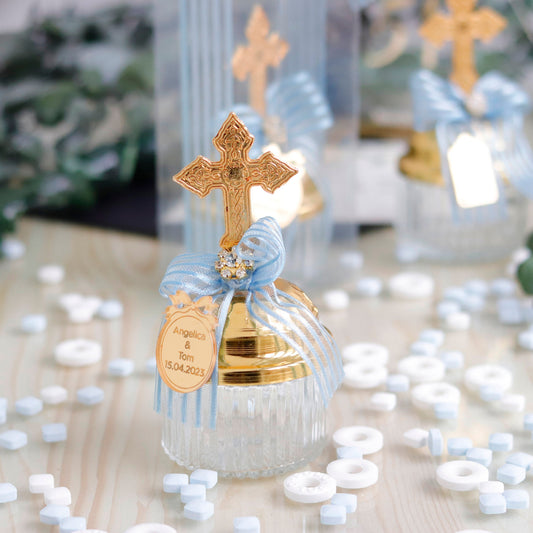 Baptism Party Favor | Cross-Top Candy Jar | Elegant Thank You Favors for Christening | Luxury Candy Dish Favor | Bulk Gift for Guests