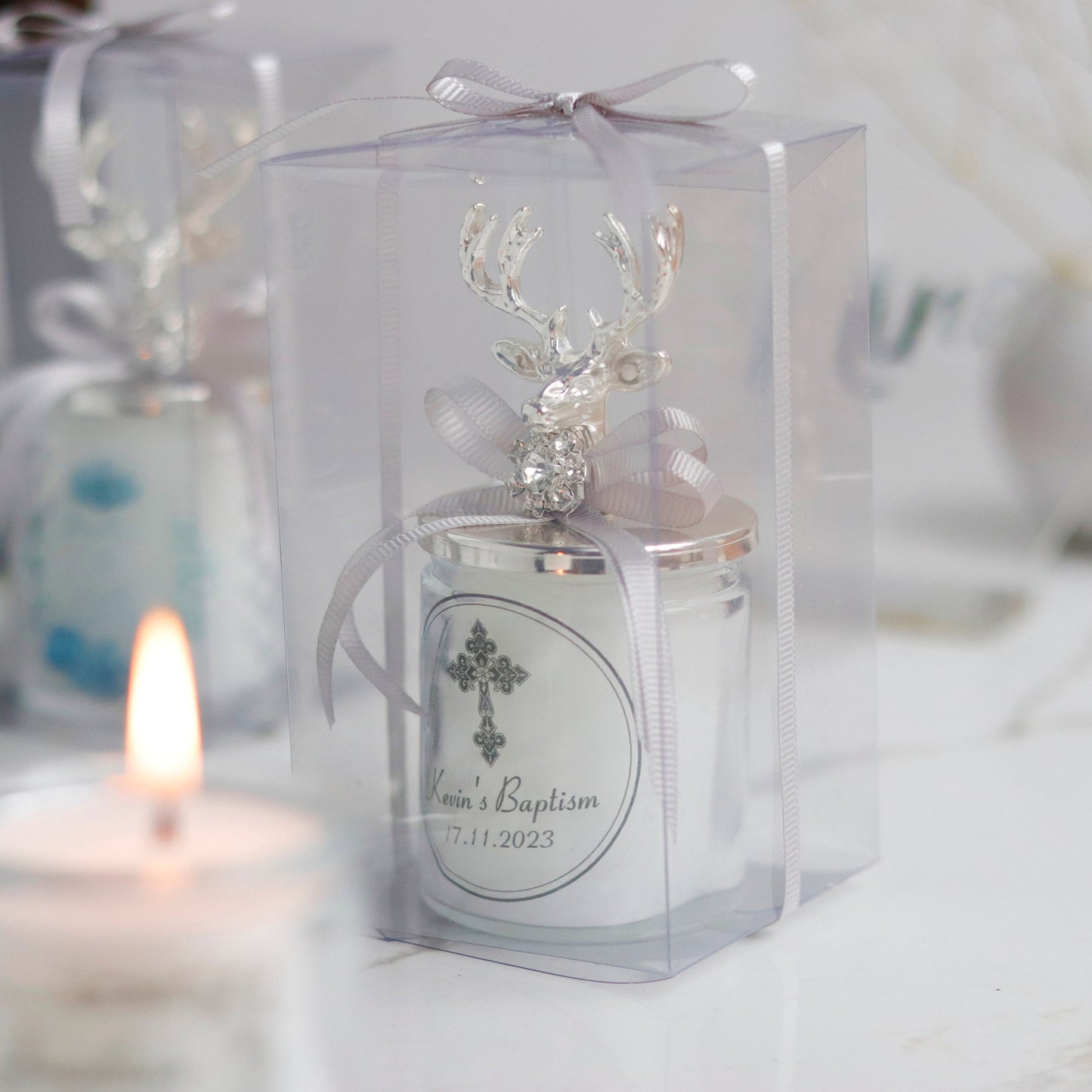 Deer Lid Candle in Glass | Luxurious Personalized Party Favors | Elegant Silver Lid Gifts for Guests | Unique Favor Candles