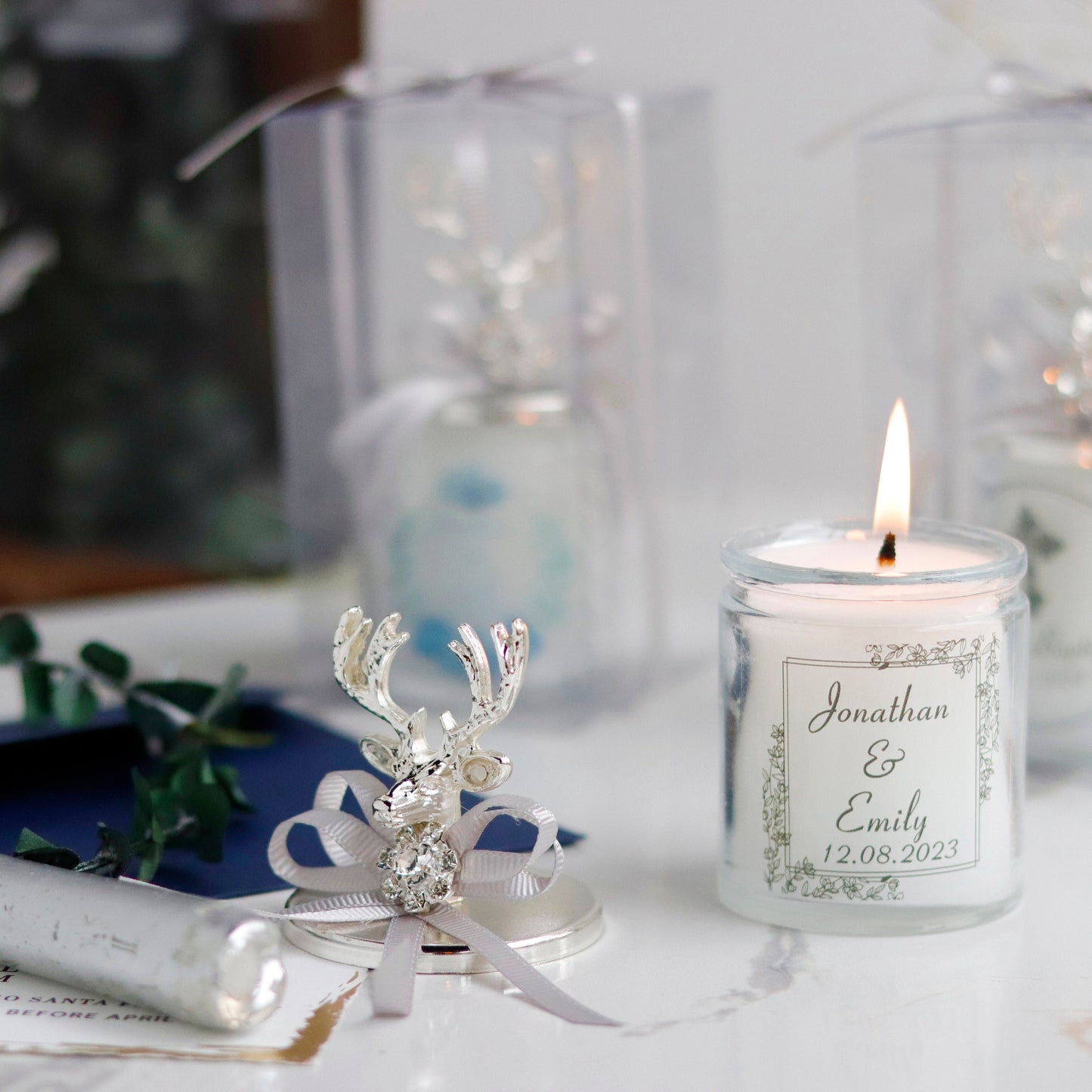 Deer Lid Candle in Glass | Luxurious Personalized Party Favors | Elegant Silver Lid Gifts for Guests | Unique Favor Candles
