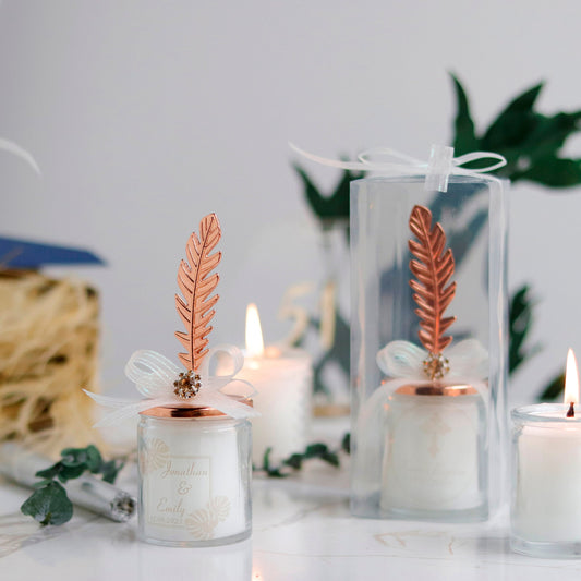 Rose Gold Feather Lid Wedding Candle, Elegant Rustic Favors, Luxury Guest Gifts, Unique Bridal Shower Candle Favor