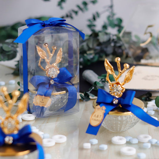Custom Party Favor Glass Jar | Cherry Blossom Branch Candy Dish | Wedding Favors | Navy Blue Shower Favors | Unique Gold Thank-You Gifts