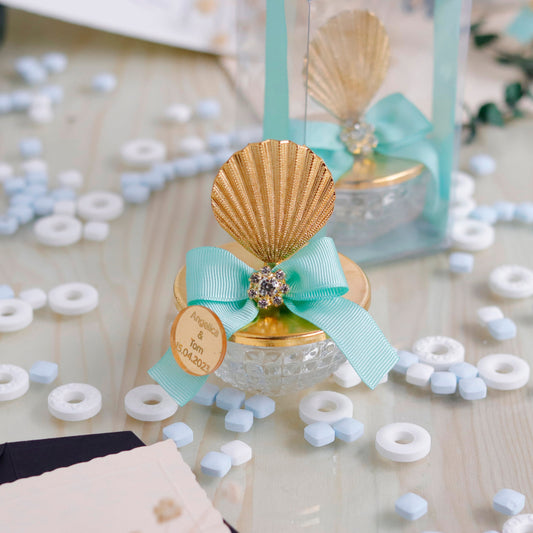 Personalized Sea Shell Candy Jars | Beach Theme Wedding Favors | Unique Glass Candy Dishes for Guests | Mint Wedding Favors