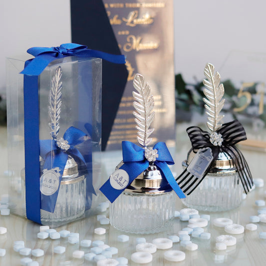 Personalized Luxury Wedding Favors | Feather Lid Glass Candy Jars  | Candy Dish Wedding Favors | Unique Thank You Gifts for Guests