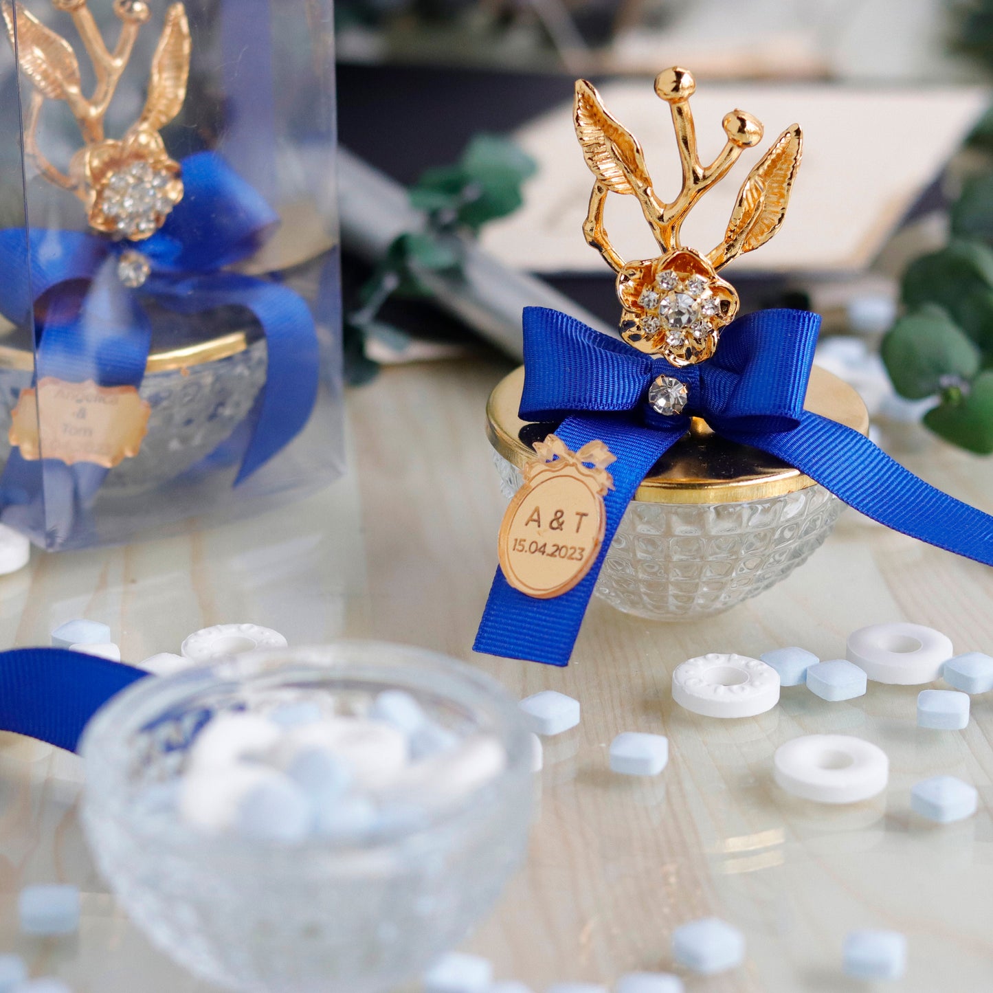 Custom Party Favor Glass Jar | Cherry Blossom Branch Candy Dish | Wedding Favors | Navy Blue Shower Favors | Unique Gold Thank-You Gifts