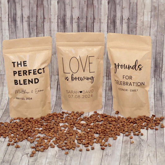 Personalized Bulk Wedding Favors, Party Favor Bags, Custom Coffee Pouches, The Perfect Blend Bag With Sticker, Favor Kraft Bag With Label