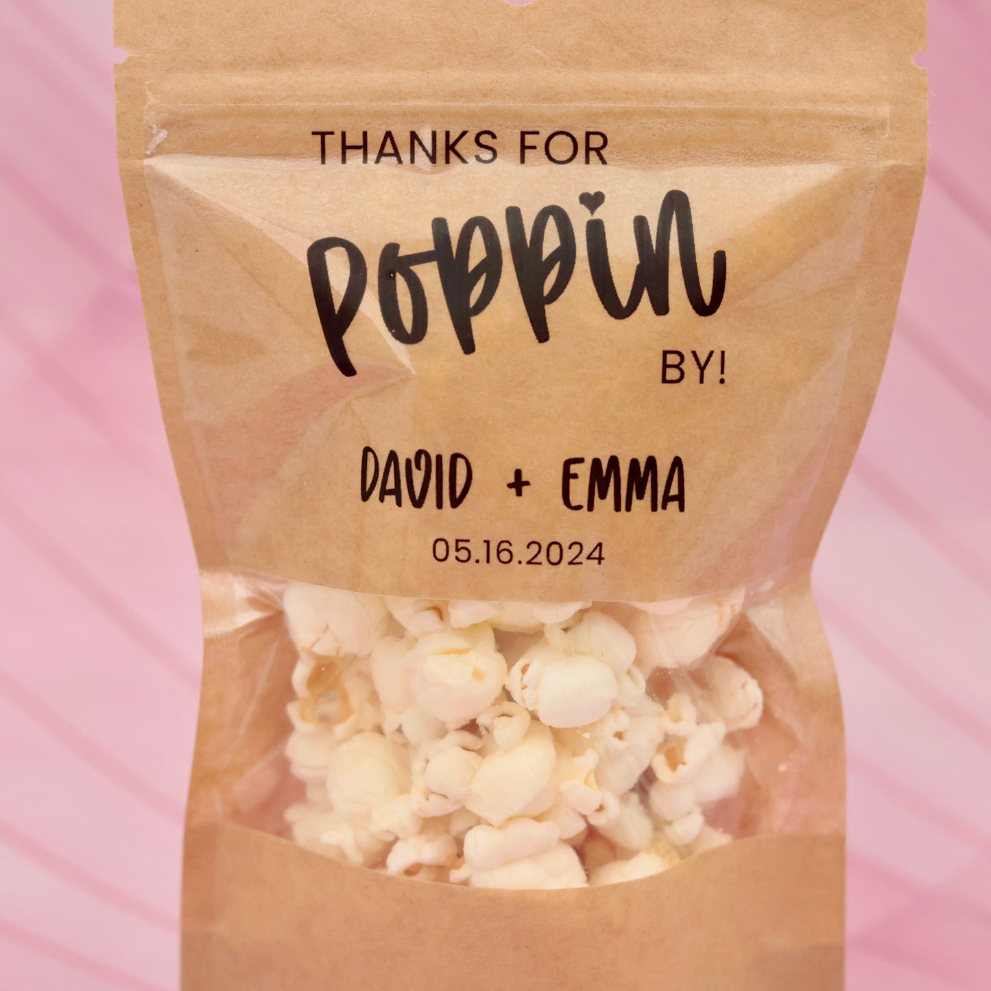 50 Pieces "Thanks For Popping By" Favor Bags with Stickers, Custom Wedding Popcorn Bags, Snack Treat Bags, Stand-Up Zip Pouch Favors