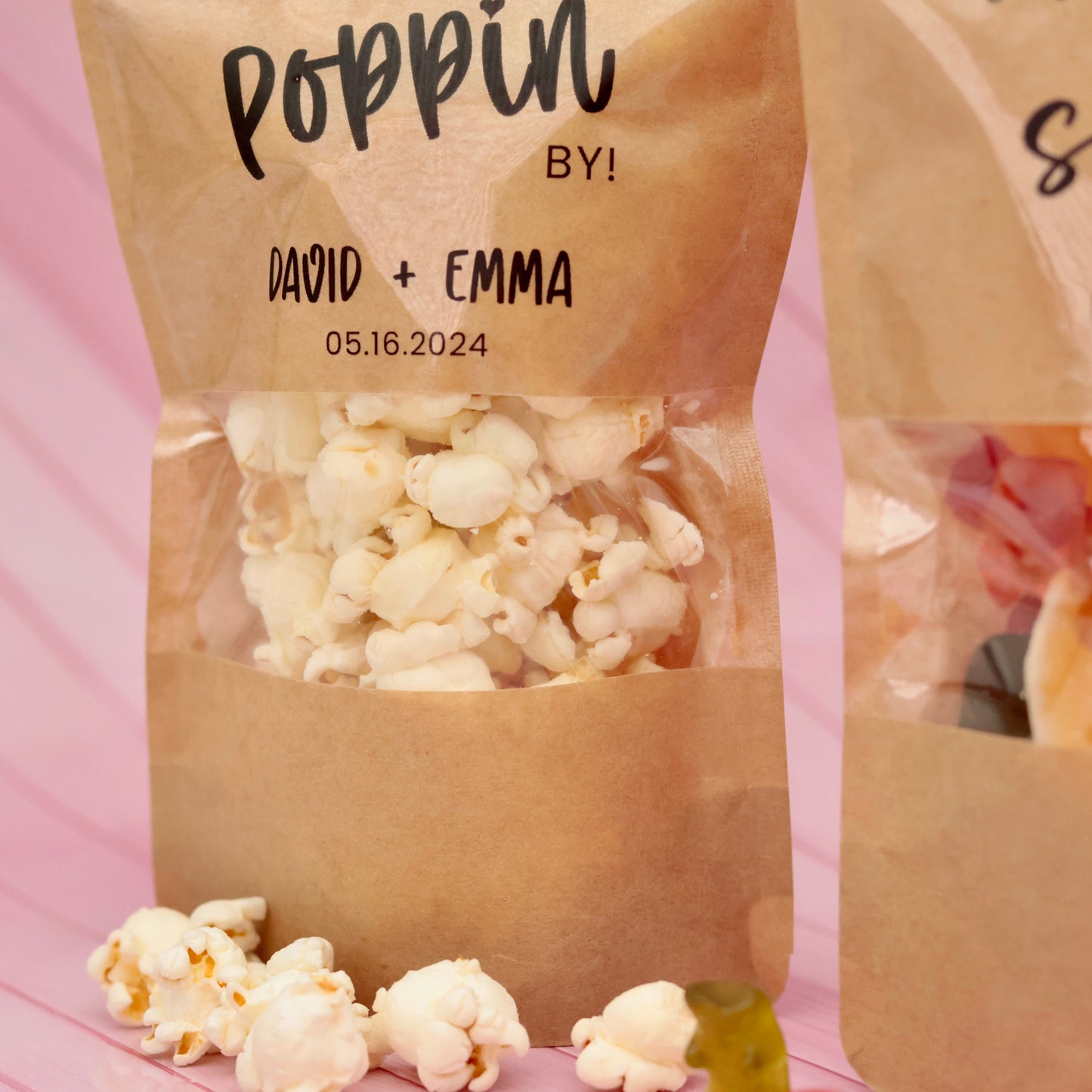 50 Pieces "Thanks For Popping By" Favor Bags with Stickers, Custom Wedding Popcorn Bags, Snack Treat Bags, Stand-Up Zip Pouch Favors