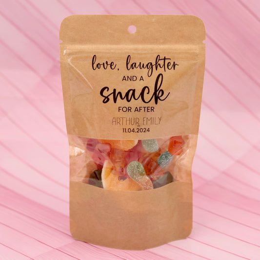 50 Pieces Wedding Treat Bags, Love Laughter and A Snack Favor Bags, Bridal Shower Favors, Wedding Stickers and Bags, Stand Up Bag