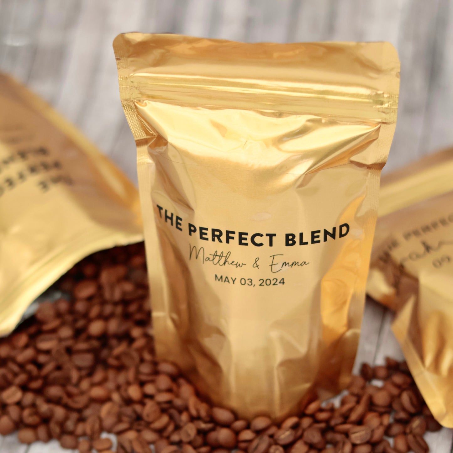 50 Pieces Gold The Perfect Blend Coffee Pouch Bag, Gold Coffee Favor Pouch, Wedding Favors, Bridal Shower Favors,  Bag With Custom Stickers