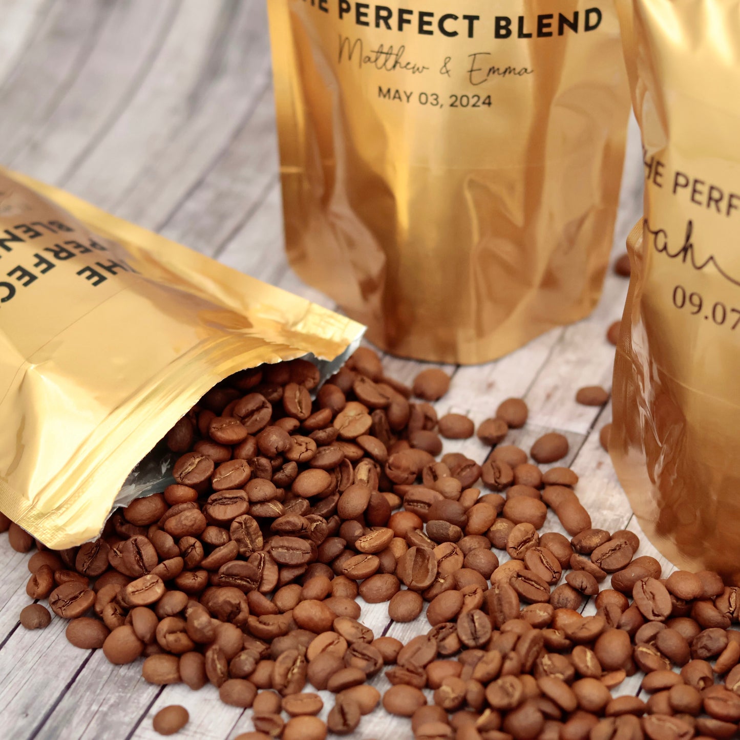 50 Pieces Gold The Perfect Blend Coffee Pouch Bag, Gold Coffee Favor Pouch, Wedding Favors, Bridal Shower Favors,  Bag With Custom Stickers