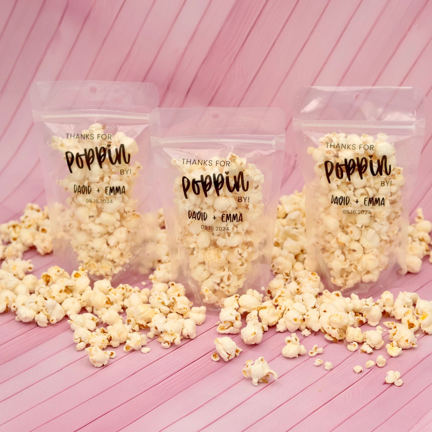 Wedding Treat Bags and Stickers, Thanks for Popping By, Ready To Pop,  Personalized Transparent Zip Pouches, ,Unique Favors, Popcorn Bags