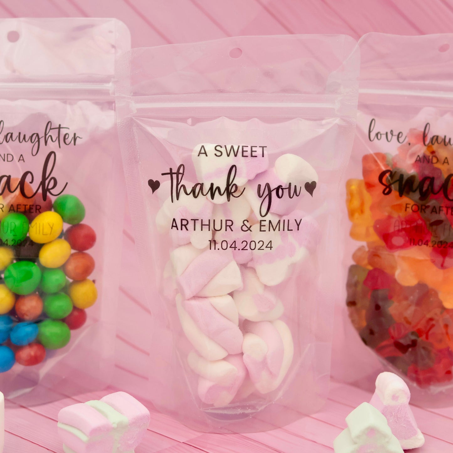 A Sweet Thank You Wedding Treat Bags, Chocolate Favor Bags, Marshmallow Wedding Favors, Jelly Tots Wedding Bags, Stand Up Zip Pouches