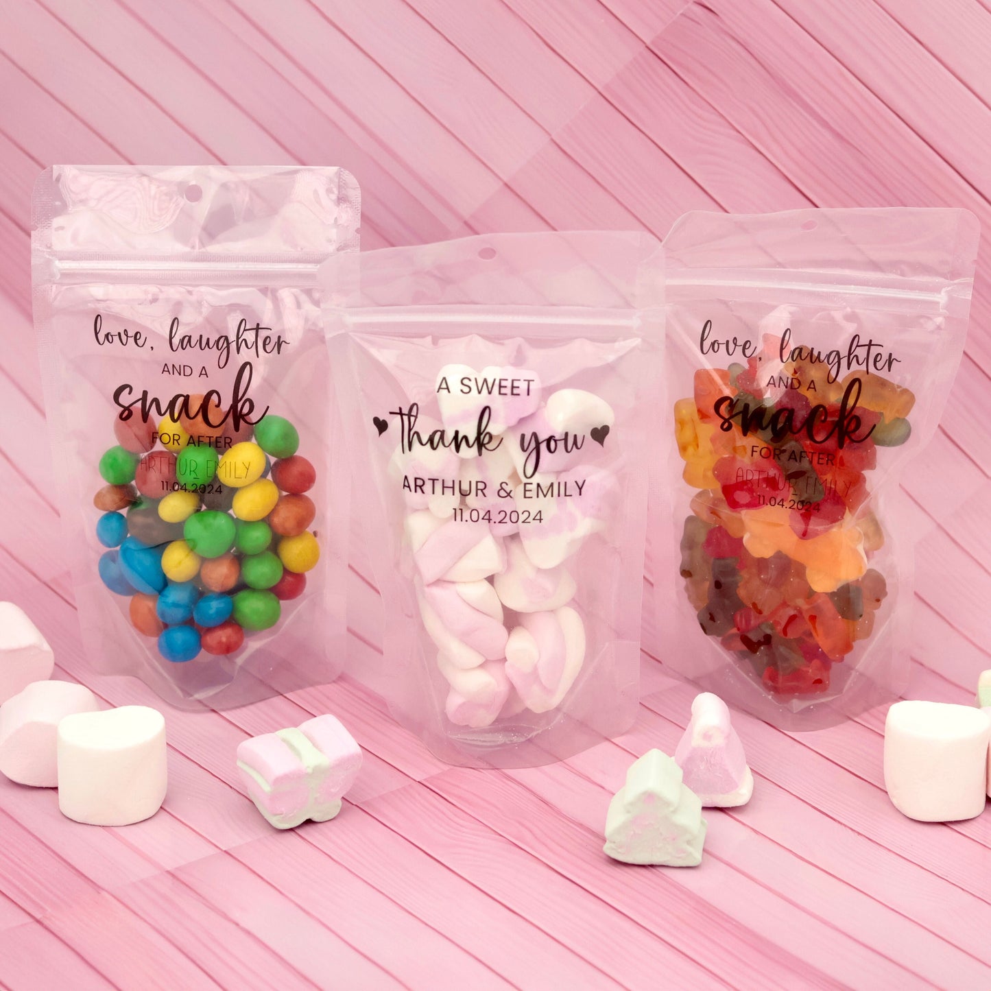 A Sweet Thank You Wedding Treat Bags, Chocolate Favor Bags, Marshmallow Wedding Favors, Jelly Tots Wedding Bags, Stand Up Zip Pouches