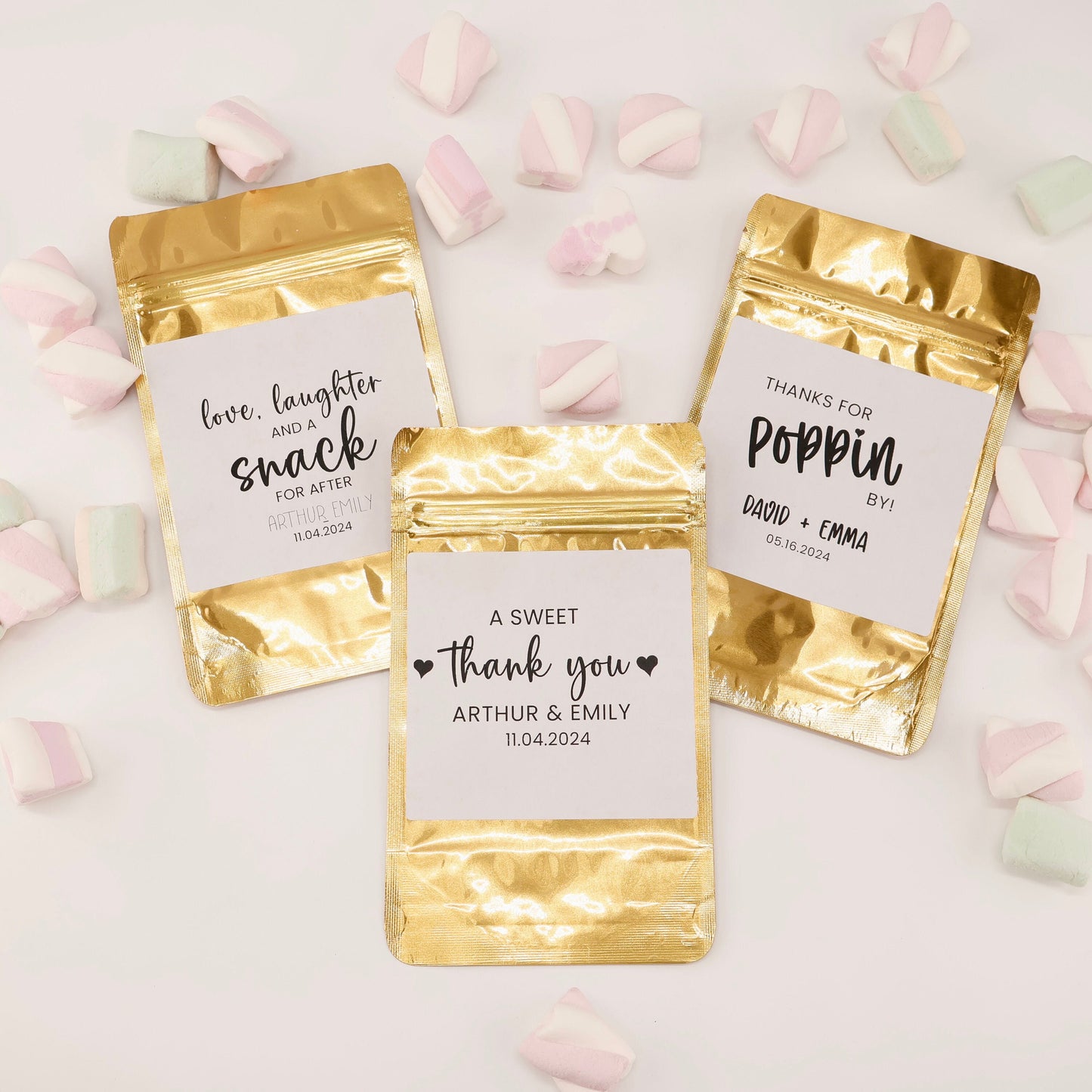 Wedding Treat Bags, Wedding Favor Bags, Rehearsal Dinner Favors, Bridal Shower Favors ,Love Laughter and a Snack for After, Stand Up Bag
